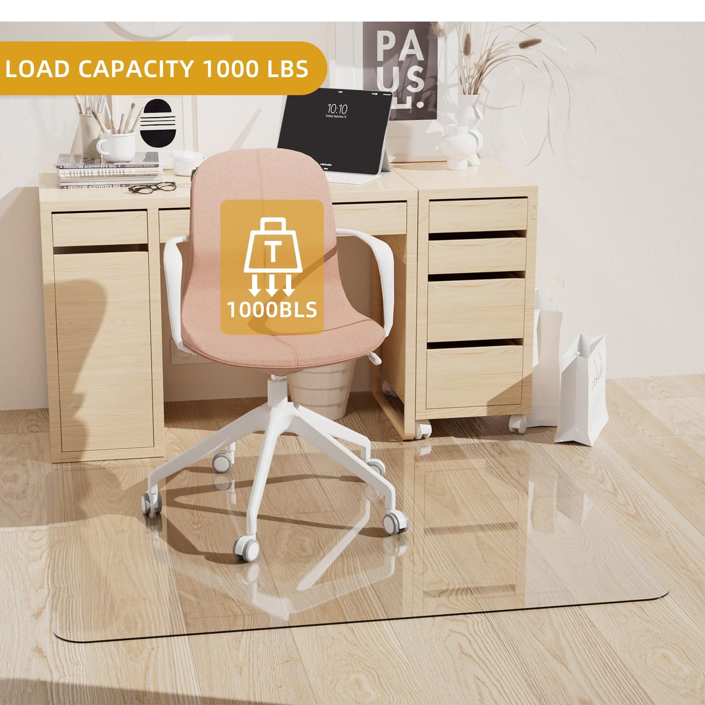 Tcyzest Glass Chair Mat Heavy 1/5" Thick Premium Tempered Glass Duty Hard Glass Chair Mats -for Office Chair on Carpet or Hard Floor with 4 Anti-Slip Pads 48" x 36"