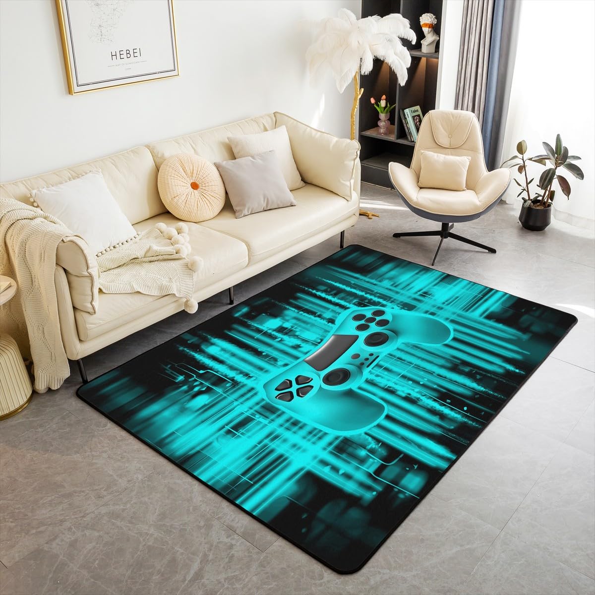 Erosebridal Turquoise Game Console Area Rug 4'11" x 3'3" for Boys Girls Kids Geometric Striped Gaming Carpet Gamer Decorative Washable Rug for Boys,Teal Black