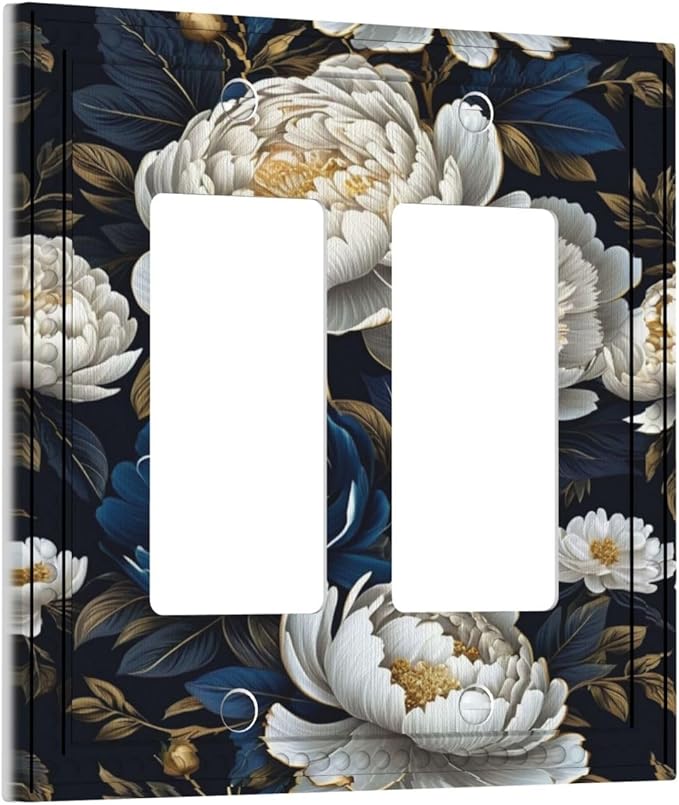 White Gold Blue Flower Dual Outlet Covers Wall Plate 2 Gang Rocker Decora Decorative Switchplate Electrical Faceplate GFCI Light Switch Covers for Farmhouse Living Decor