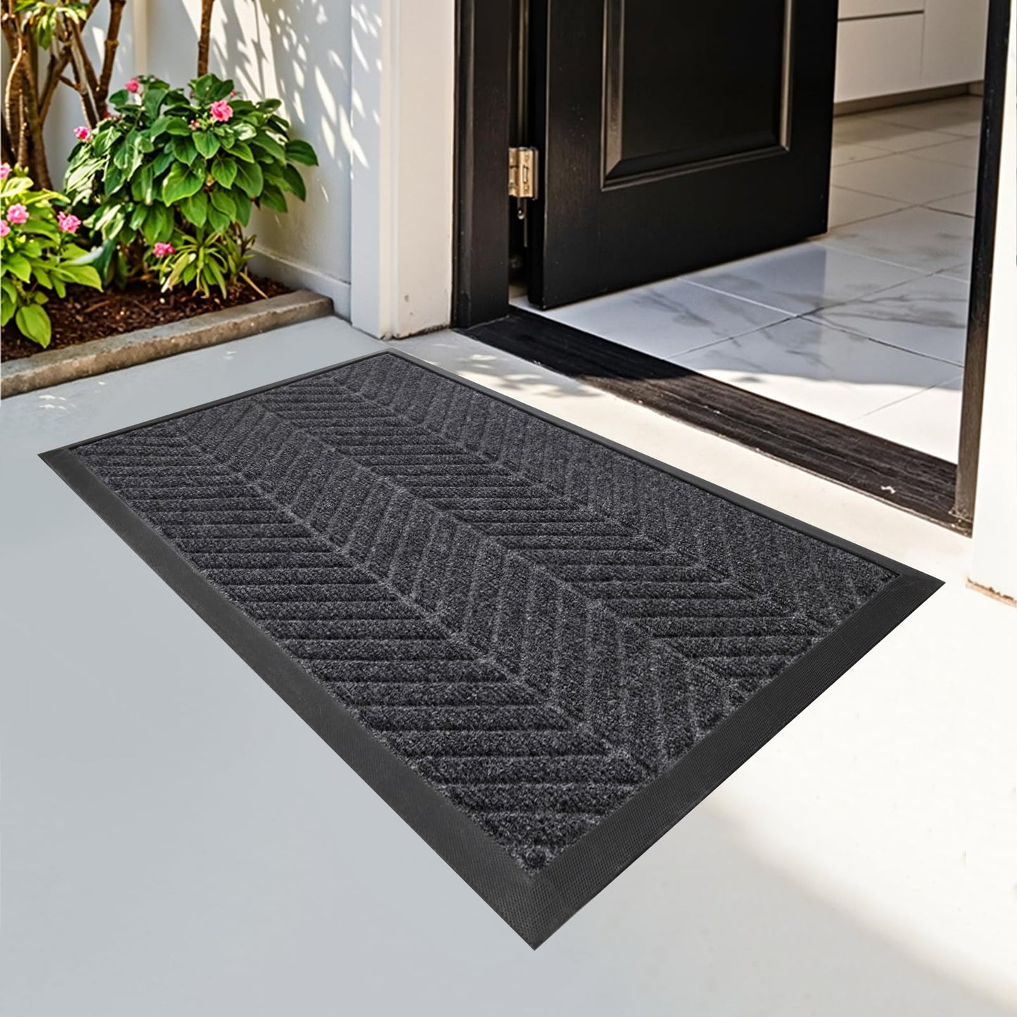 CATSH Non Slip Door Mat 29.5x17 Inch, Grey Chevron Dirt Trapping Entrance Mat, Rubber Low Profile Washable Indoor Outdoor Doormat for Entryway Garage Patio, Absorbent Stain Resistant Front Door Mat