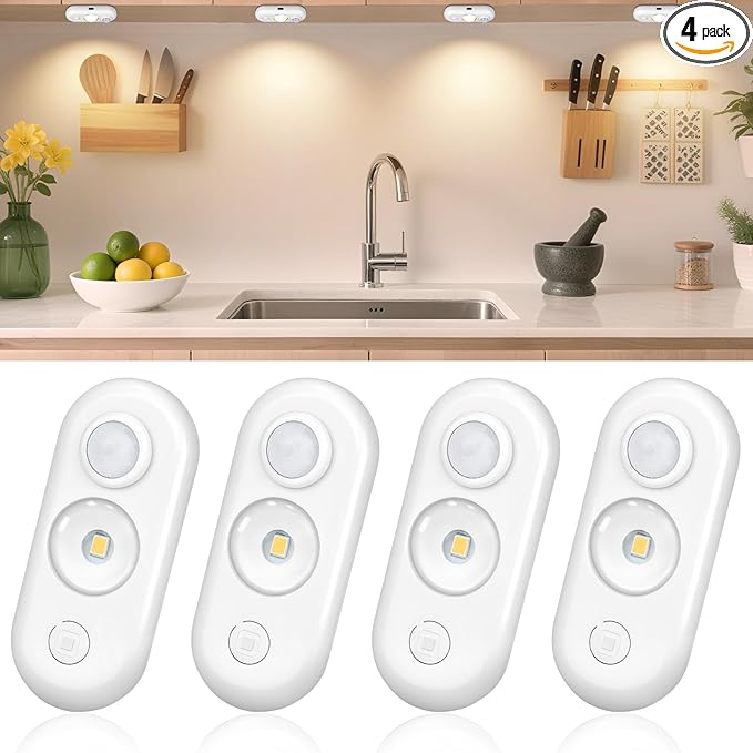 LED Motion Sensor Puck Lights, Magnetic Rechargeable Under Cabinet Lighting, Wireless Battery Operated Closet Light, Dimmable Under Counter Lights for Kitchen Stairs Hallway, Warm White, 4Pack, White