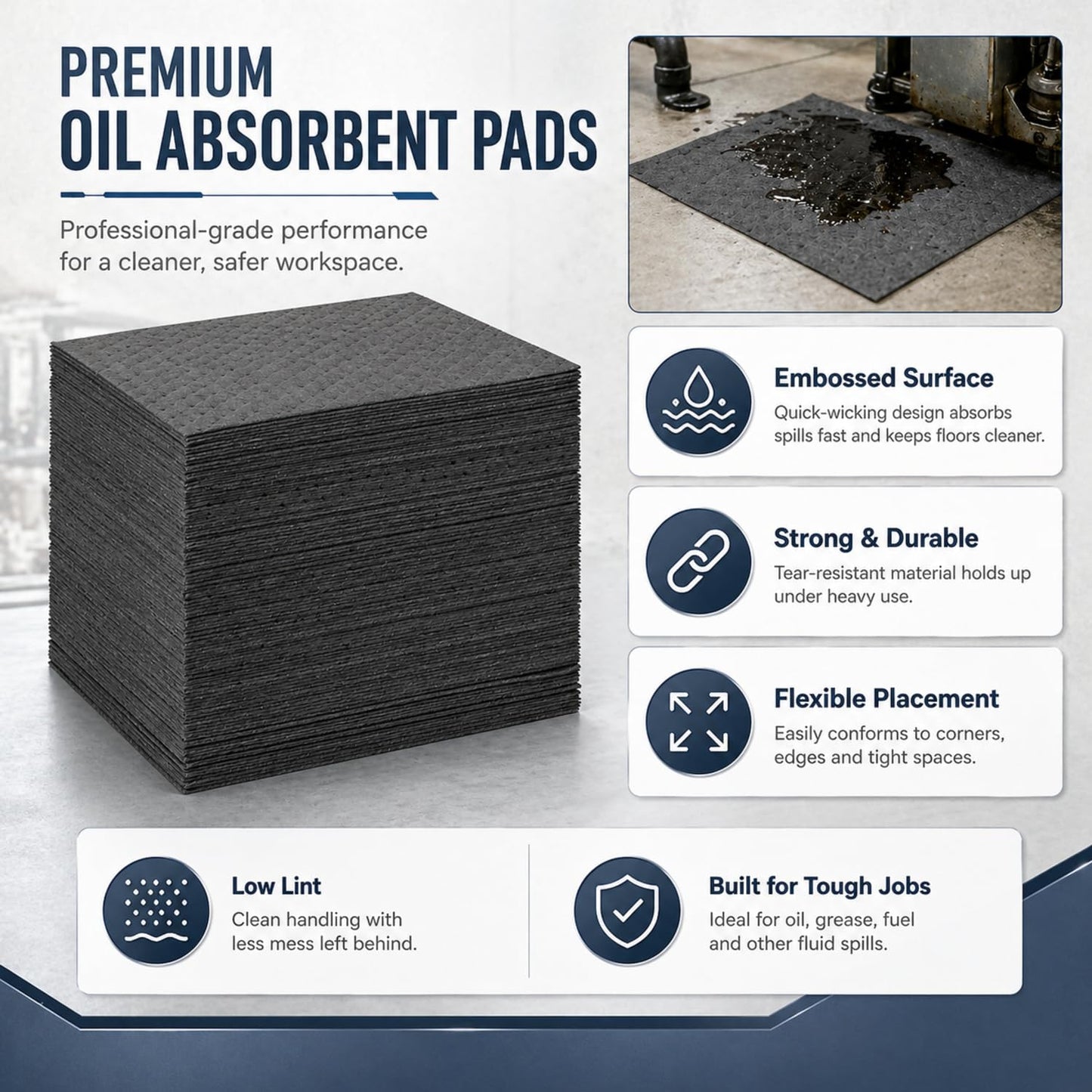 Hoolerry 100 Pcs Oil Absorbent Pads Bulk Heavy Weight Dimpled Garage Absorbing Pad Water Absorbent Mat Trimmable Oil Spill Mat for Garage Floor Workshop Auto Fluid Cleanup (9.8 x 13 Inch,Gray)
