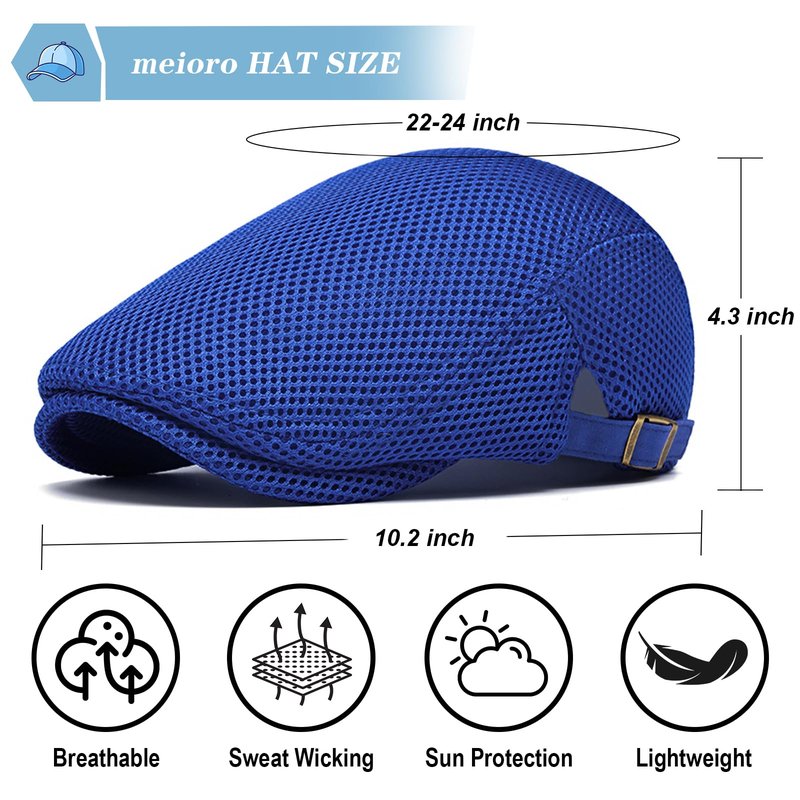 meioro Mens Breathable Mesh Summer Hat Adjustable Flat Cap Newsboy Beret Ivy Cap Irish Cabbie Fishing Hats（Royal Blue）