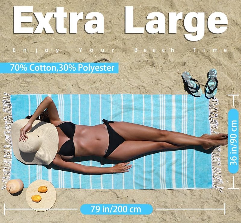 Thin Turkish Beach Towel - Lightweight Quick-Dry Cotton | Extra Large Sand-Free Bath & Pool Accessory