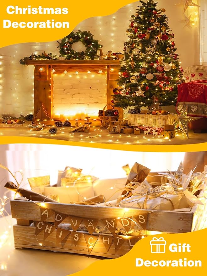 2 Pack 200LED Battery Operated Fairy Lights with Remote, 8 Modes LED String Lights with Timer, Dimmable, Memory Function, Waterproof Twinkle Lights for Outdoor Indoor Christmas Decor(Warm White)