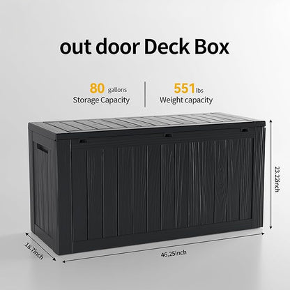 80 Gallon Waterproof Large Resin Deck Box Indoor/Outdoor Lockable Storage Container and Seating for Garden, Pool, and Patio (80 Gallon, Black)