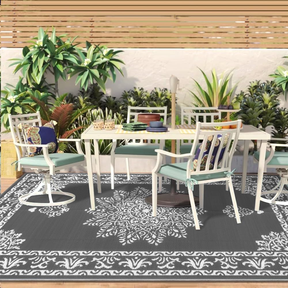 Yamaziot Outdoor Rug 9x12 Ft, Waterproof Plastic Straw Patio Rug, Reversible Backyard Carpet UV Resistant Portable RV Mat Clearance, Large Indoor Outdoor Rug for Patio, Porch, Deck, Balcony, Dark Gray
