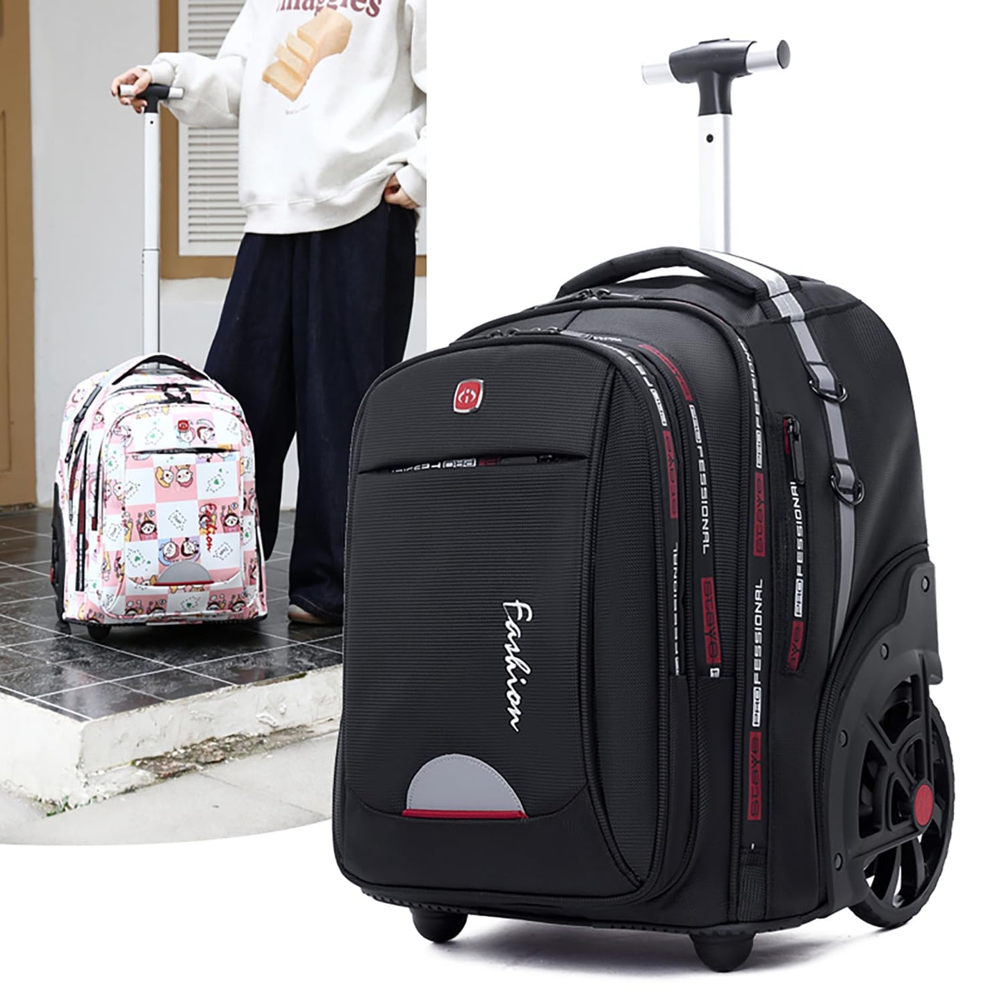 WMHYLYH Waterproof Rolling Backpack for Women and Men, Laptop Backpack with Wheels for Adults, Carry on Backpack with Large Wheels for Travel and Business Commuter (Black, 22inch)