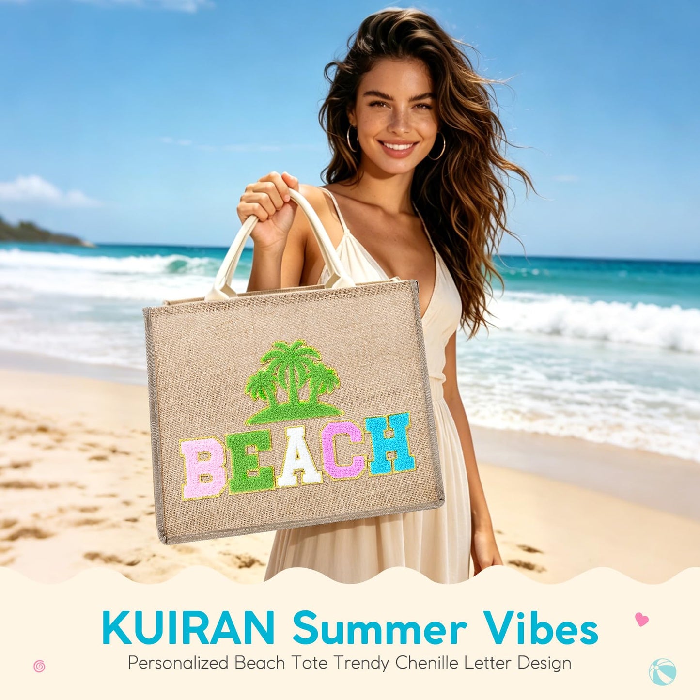 KUIRAN Beach Bag for Women, Large Woven Straw Beach Bag with Chenille Letter Patches and Water-resistant Lining, 22L Tote Handbag for Pool, Travel, Shopping, Summer Vacation, Bachelorette Gift - Green