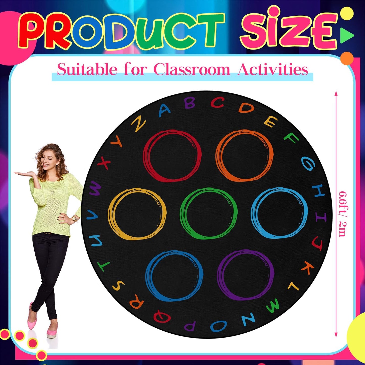 Teenyyou 6.5 ft Classroom Rug with Colorful Circle Kindergarten Educational Large Area Rug Kids Room Children Classroom Carpet Playroom Learning Preschool School Decor Seating Carpet 7 Seats