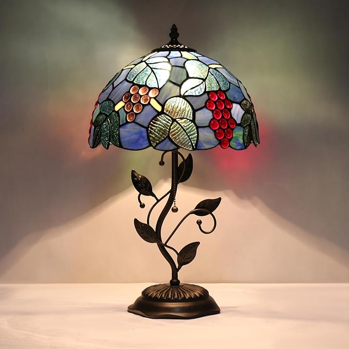 Tiffany Style Table Lamp Handmade Stained Glass Bedside Lamp 12x12x20 inch Metal Leaf Base,Art Glass Lamp for Living Room, Bedroom, Office Decor(Grape)