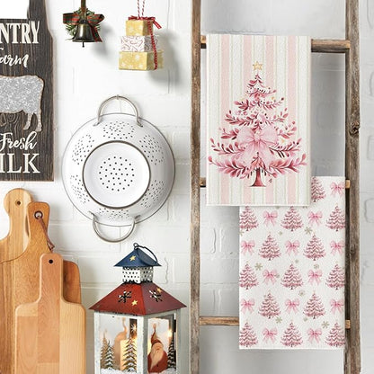 Artoid Mode Pink Porcelain Ornaments Xmas Tree Christmas Kitchen Towels Dish Towels, 18x26 Inch Farmhouse Holiday Winter Decoration Cleaning Set of 4