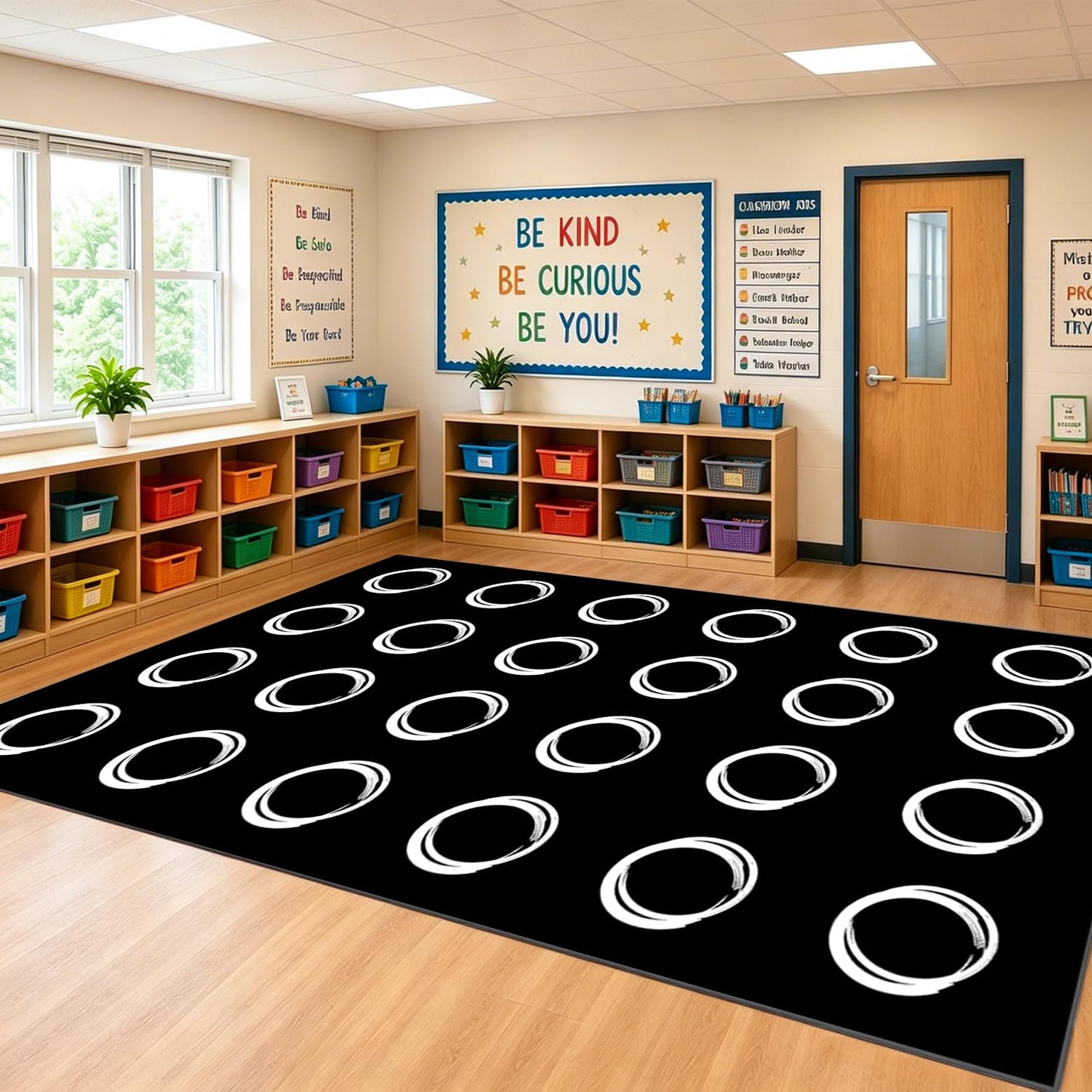 MAISONRINA Large Classroom Rugs Elementary 13'x7'7'' - Seats 24 with White Circle,Classroom Carpet for Preschool Kindergarten,Educational Rugs for Daycare Kids Room Teaching & Playroom (Black)