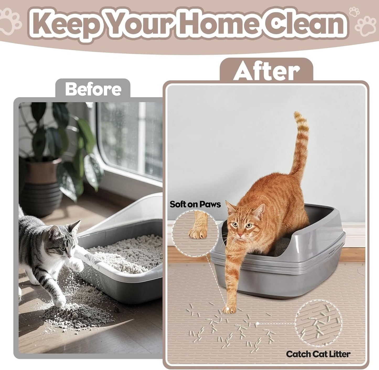 Kalolary Cat Litter Mats, 40" x 28" Extra Large Silicone Cat Mat for Litter Box, Easy to Clean Kitty Litter Trapping Mat, Soft on Kitty Paws, Waterproof, Urine-Proof Kittys Litter Mats for Floor,Khaki