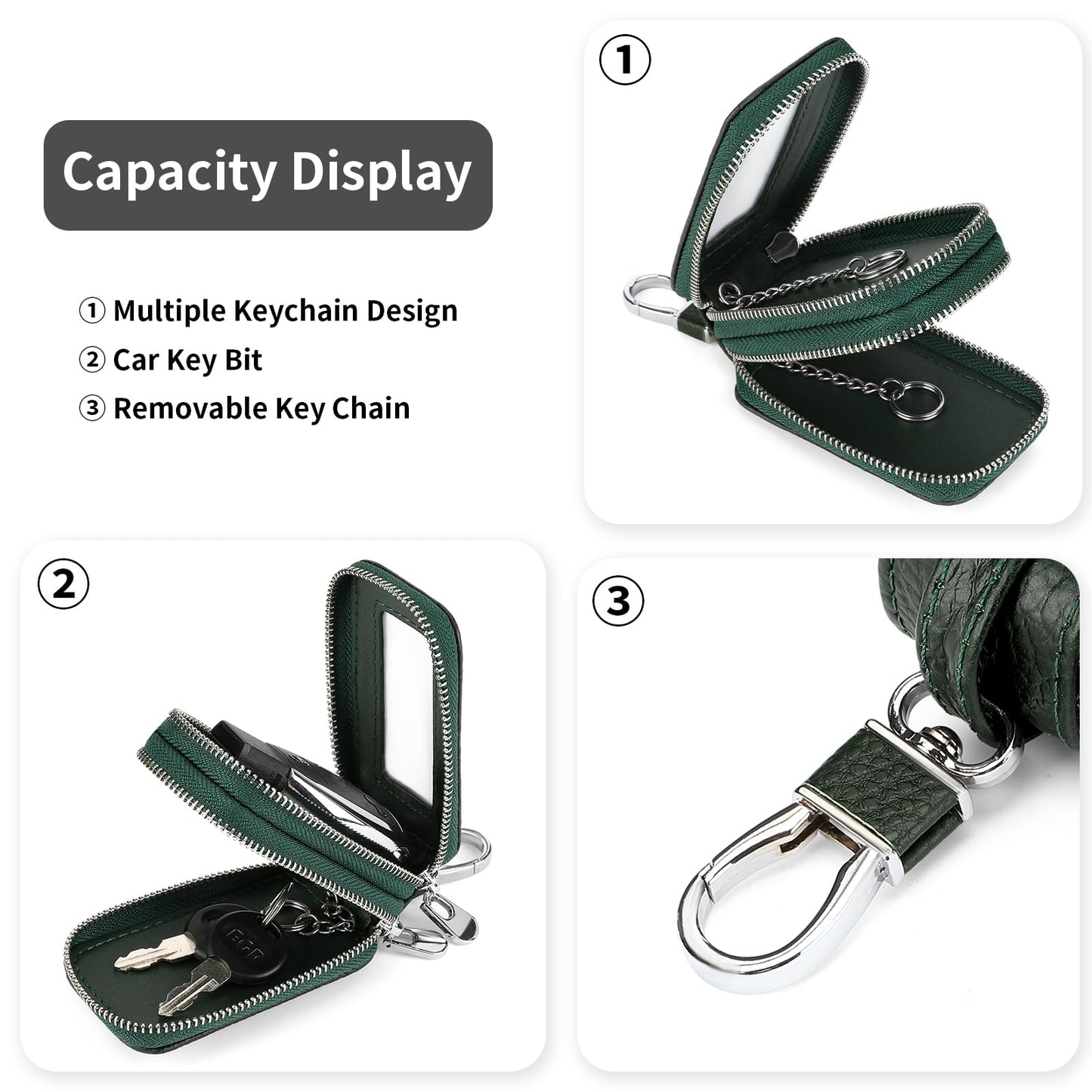 SENDEFN Car Key Fob Case Double Zipper Leather Smart Remote Keychain Protector Holder with Transparent Window