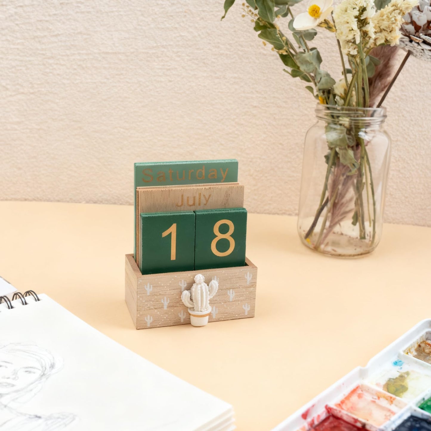 Notakia Perpetual Calendar, Wooden Calendar for Home Office Desk Accessories Vintage Wood Block Calendar(Green)