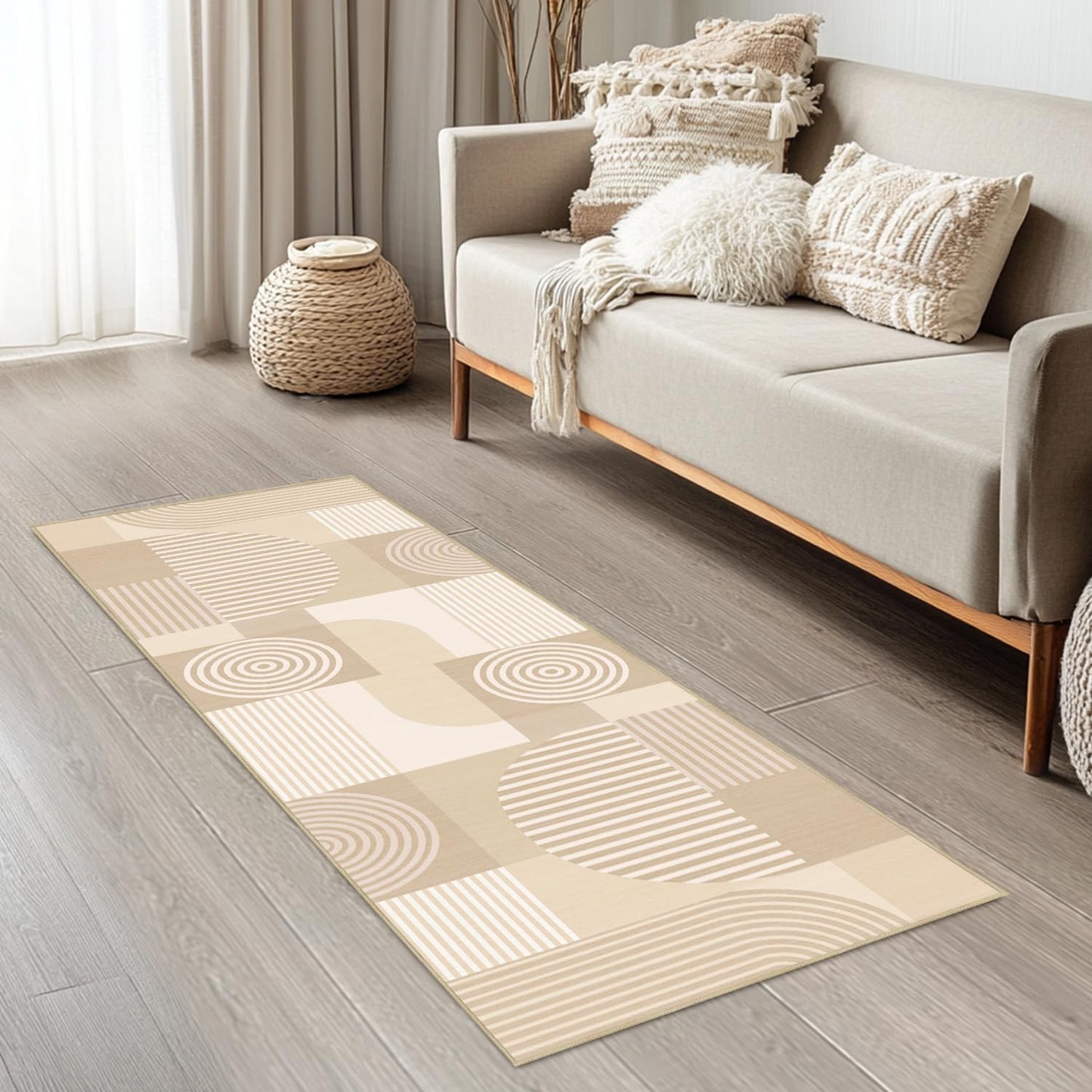 Glocmna Beige Geometric 2x6 Runner Rug for Hallway Kitchen Bedroom White Machine Washable Mid Century Modern Rug Non Slip Low Pile Minimalist Line Rugs Long Floor Mat Carpet for Bathroom Laundry,Beige