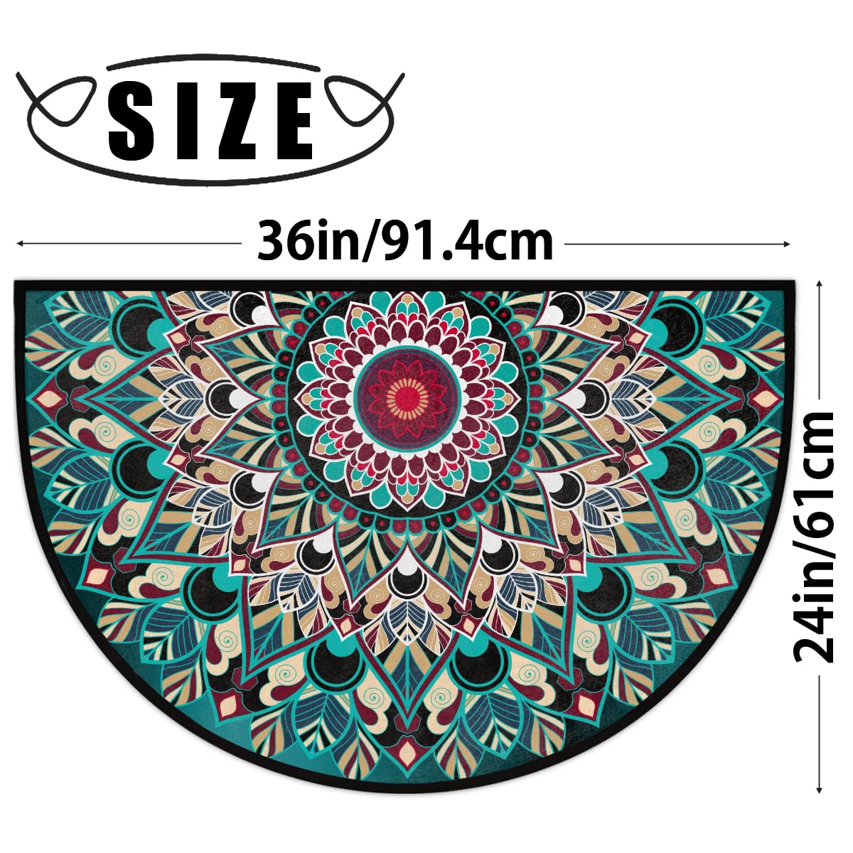 Cemfyzoch Mandala Half Round Doormat Non-Slip Semi Circle Rug Half Moon Mat