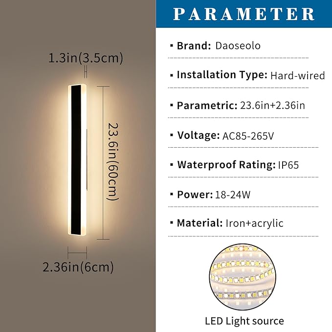 2 Pack 23.6inch Modern Outdoor Wall Light, Black Long LED Wall Sconce, 24W, IP65 Waterproof, 3000K Warm White, Exterior Wall Light Fixture for Porch, Patio, Garage, Yard, House, Garden