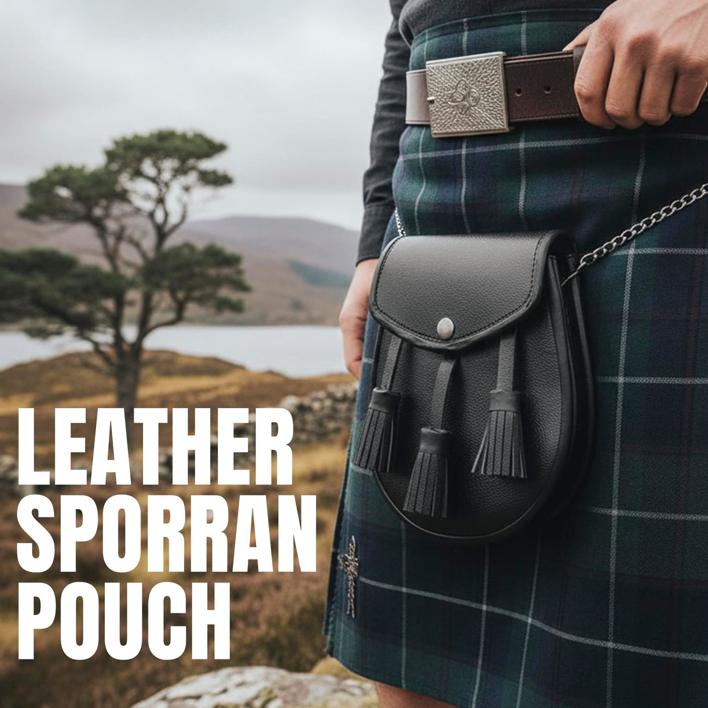 SZCO Medieval Sporran 8 Inch - Black Plain Celtic Style Leather Pouch with Tassels - Scottish Kilt Sporran with Chain Belt for Men - Medieval Bag for Costume & Renaissance Accessories