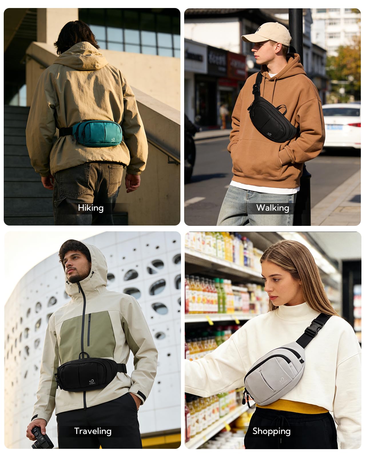 WATERFLY Large RFID Fanny Pack: 2.5L Crossbody Waist Packs for Woman Man with Extender Strap 4-Zipper Pockets Lightweight Hip Pack for Traveling Shopping Walking Hiking