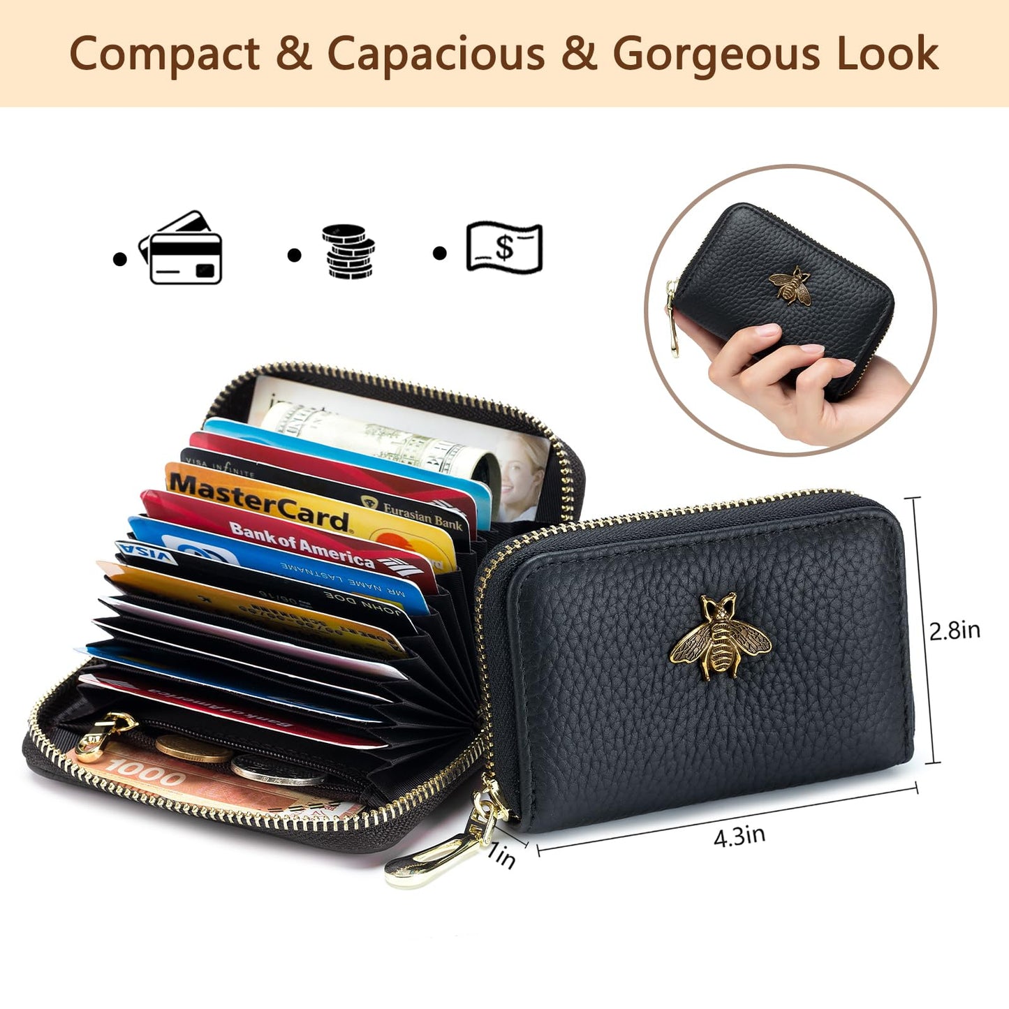 imeetu RFID Credit Card Holder, Small Leather Zipper Card Case Wallet for Women (Lite,Black)