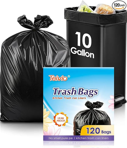 Teivio 10 Gallon 120 Counts Medium Trash Bags Garbage Bags, Bathroom Trash Can