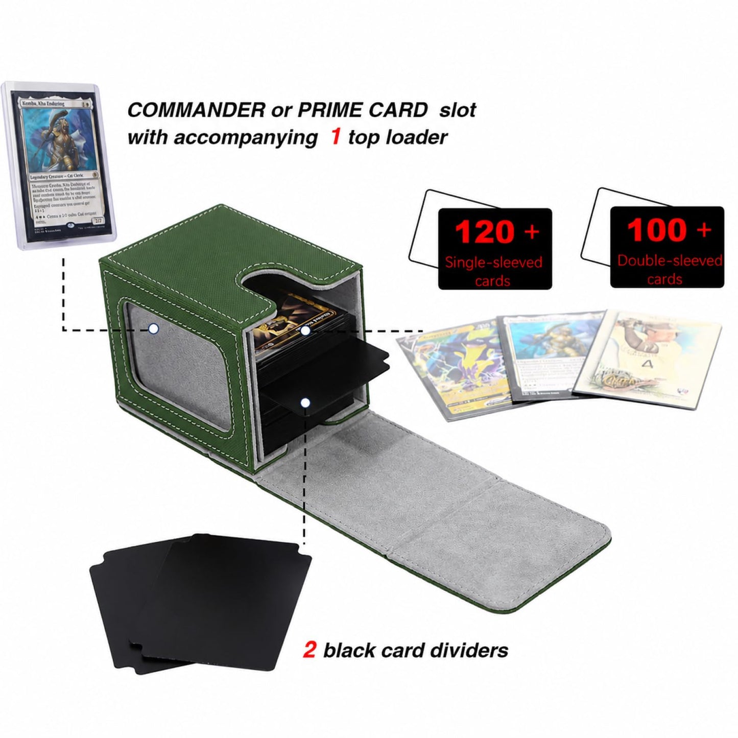 Venssu MTG Deck Box for Commander Display,Card Deck Box Fits 100 Double Sleeved Cards, TCG Card Storage (Green and Grey, 1 window)