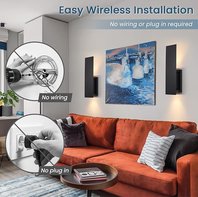 Black Wireless Wall Sconces Set of Two,3000K Warm White Battery Operated Wall Sconce with Remote,USB Rechargeable LED Wall Lights for Living Room Bedroom Hallway