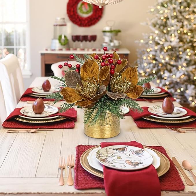 13 inch Brown Christmas Table Centerpiece 5" Glitter Magnolia Flower and Berries Fir Greenery Artificial Christmas Floral Centerpiece in Ceramic Pot Tabletop Xmas Table Arrangement Decoration