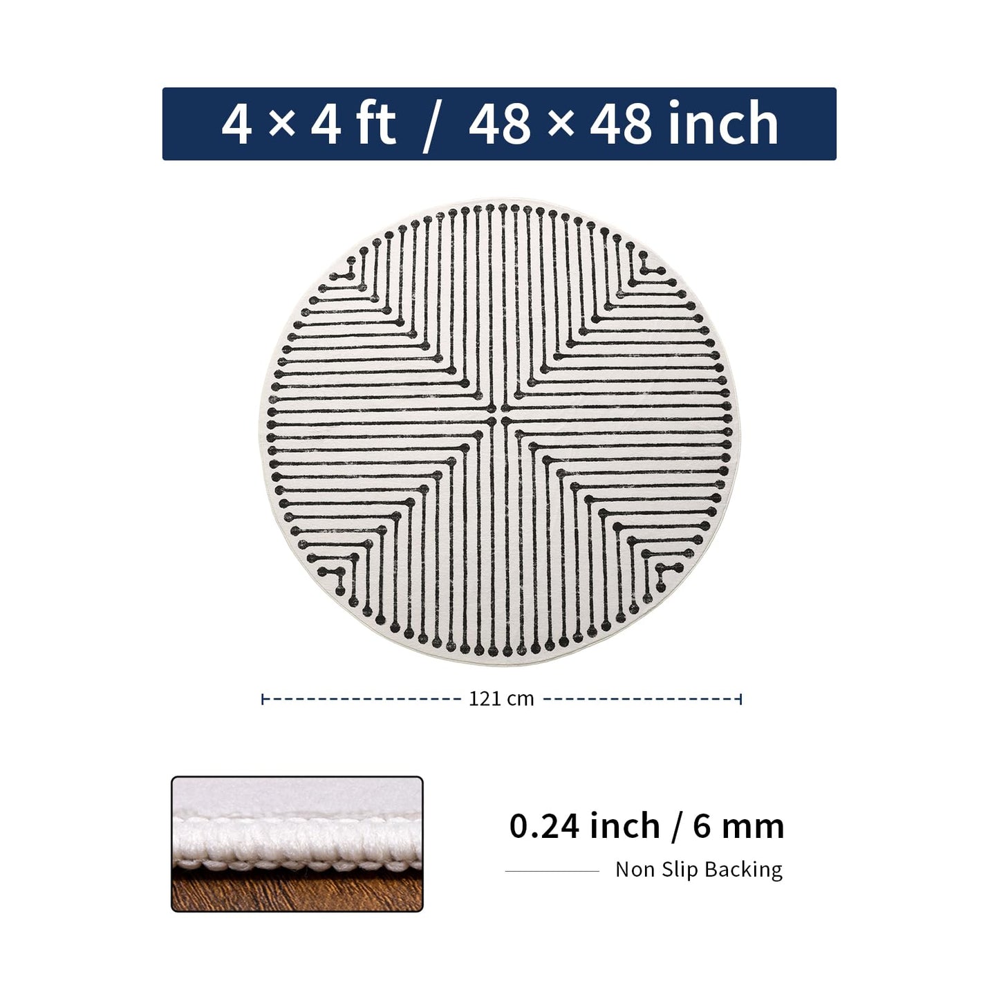 YIHOUSE Washable 4ft Round Rug for Entryway Non Slip, Black and White 4x4 Area Rugs for Living Room Non Skid Non-Shedding, Striped Modern Circle Carpet for Bedrom Kitchen