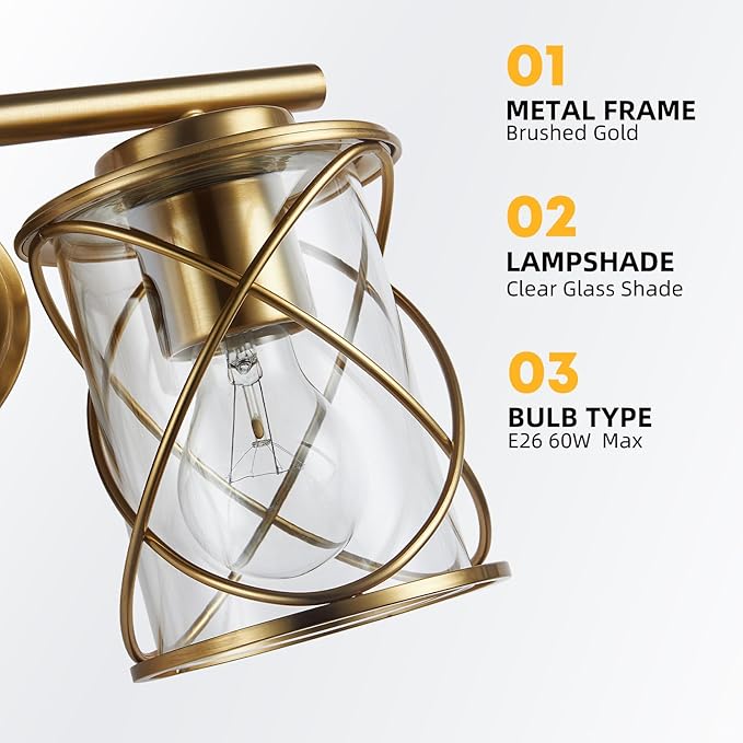 4-Lights Bathroom Light Fixtures, Brushed Gold Modern Vanity Light Over Mirror, Bathroom Wall Lamp for Mirror Kitchen Living Room Hallway Porch, Farmhouse Wall Lights with Clear Glass Cage Shade