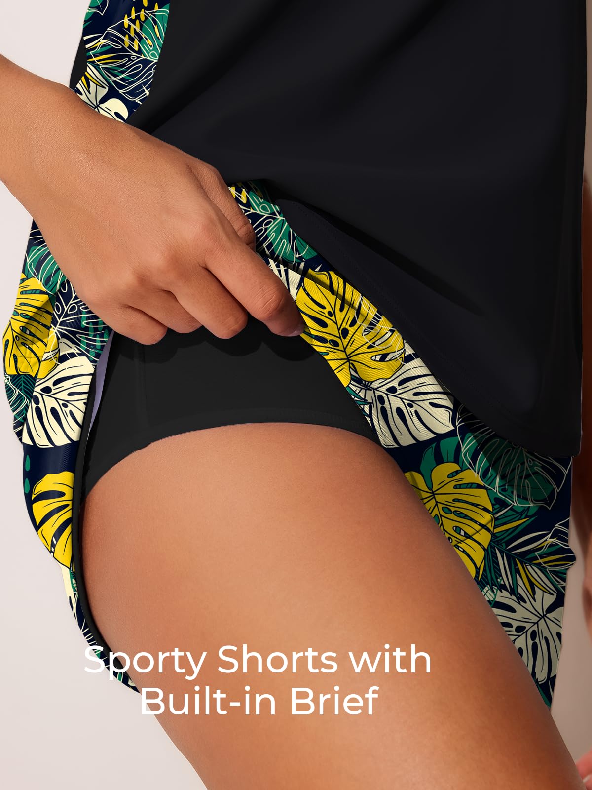 Summer Mae Blouson Tankini Swimsuits for Women 2026 Tummy Control Two Piece Bathing Suits with Sporty Pockets Swim Shorts Yellow Green Monstera Size 12