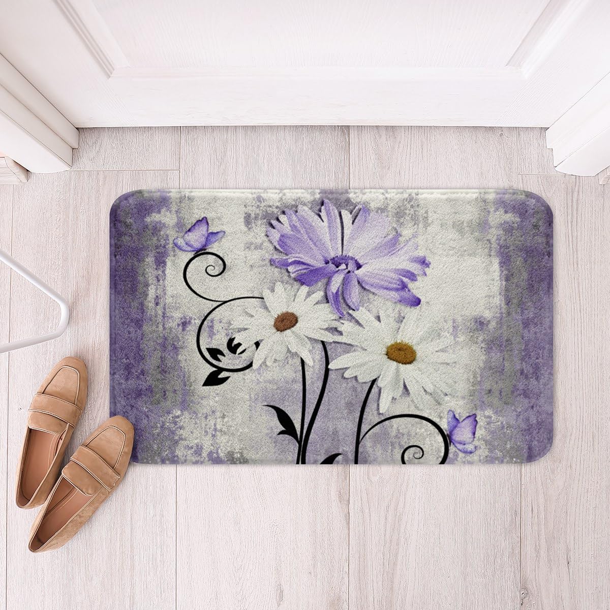 Erosebridal Ombre Purple Bath Mat Country Daisy Flowers Bathroom Rugs 16"X 24",Girls Women Farmhouse Wooden Butterfly Rustic Doormats,Watercolor Modern Oil Painting Floor Mats,Violet Grey