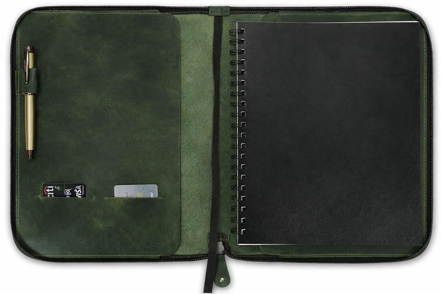 CestAntiQ, Heavy Duty Full Grain Leather Journal Cover (8.5 x 11 in.), Refillable Cahier XXL, Refillable Spiral Notebook (8.5 x 11 in.), Handmade Zippered Leather Journal Cover (Green)