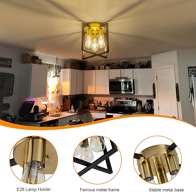Modern Cube Frame Ceiling Light Fixture, 3 Bulbs, Black and Gold Finish, for Entryway Porch Hallway Stairway Garage Living Room Dining Room Balcony