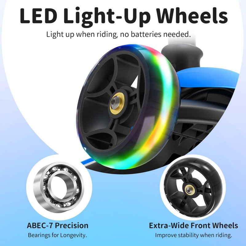 BELEEV Kids Scooter with LED Light-Up Wheels & Deck, 3 Wheel Folding Scooter for Toddlers Girls Boys Ages 3-12, Adjustable Handlebar, Lean to Steer, Extra Wide Wheel, Kick Scooter for Children (Blue)