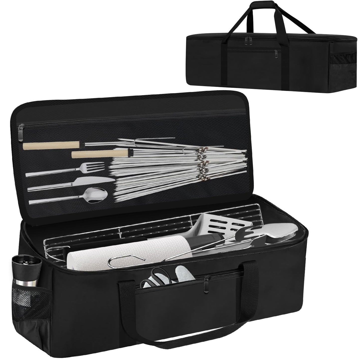 CSOKRE Grill Tool Storage Bag, Outdoor BBQ Utensil Storage with Pockets for BBQ Tools up to 22", Large Grilling Utensil Holder Storage Caddy, Barbecue Tool Sets Case for Camping Picnic,Bag Only,Black