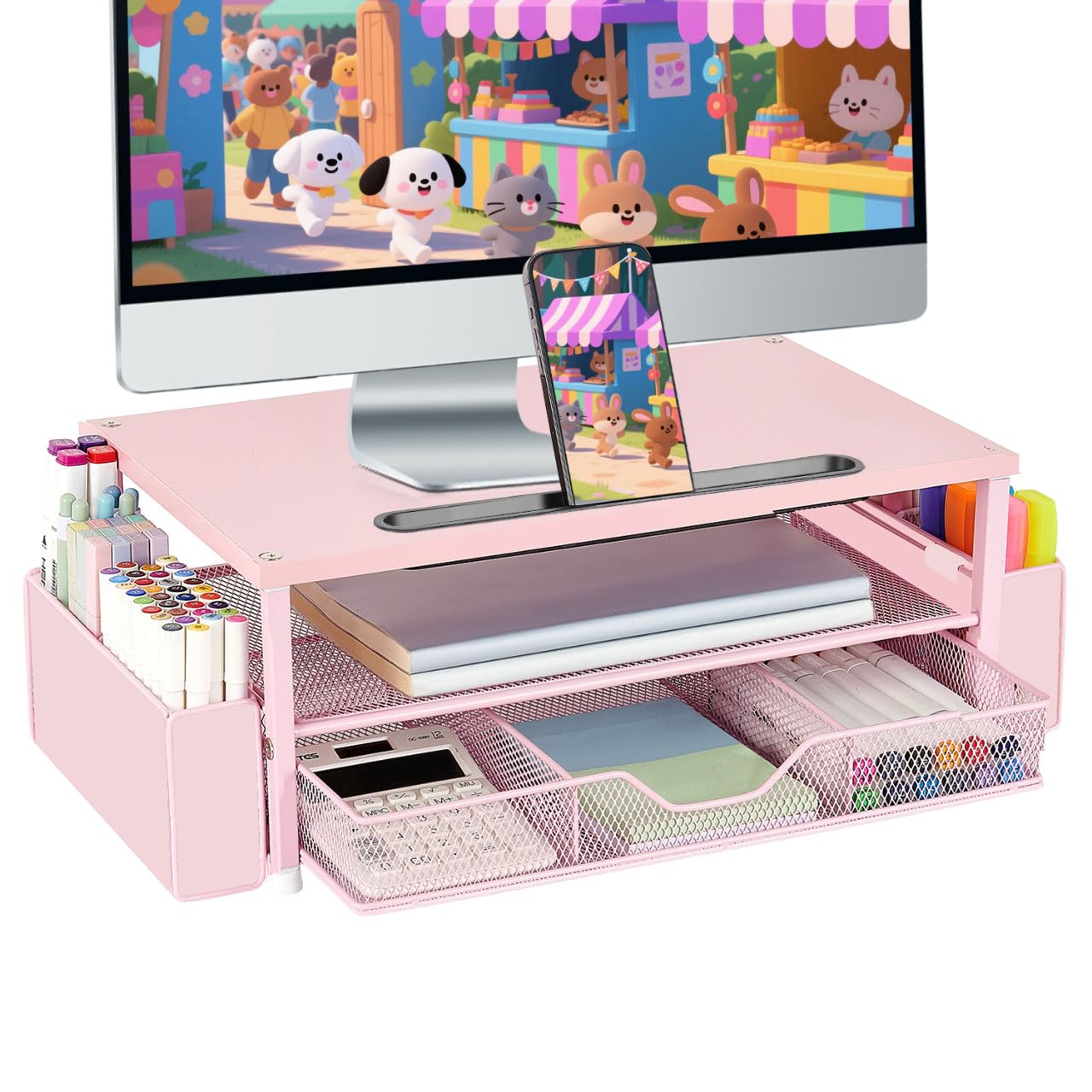 AUPSEN Pink Desk Organizers and Accessories, 2-Tier Wood Computer Monitor Stand with Drawer, Pen Storage & Phone Holder, Office Desk Accessories, Workspace Desktop Organization for Office Supplies