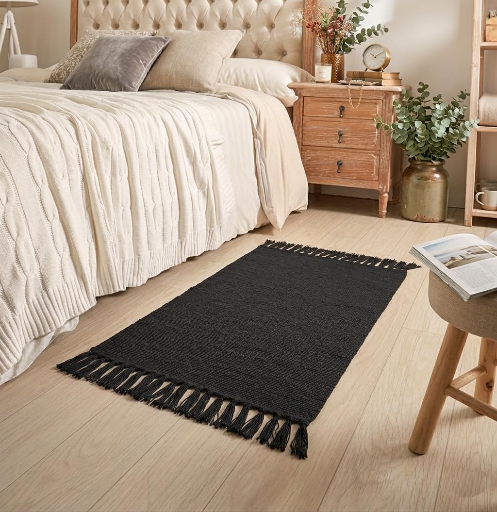 Seavish Black Kitchen Rug, 2x3 Cotton Hand Woven Recycled Throw Rug Runner Braided Entryway Floor Mat for Laundry Room Bathroom Bedroom Dorm