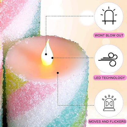 Baquler 3 Pcs Pastel Candy Flameless Candles Christmas Candy Stripe LED Pillar Candles Pastel Battery Operated Candlestick for Holiday Party Centerpiece Xmas Home Decoration