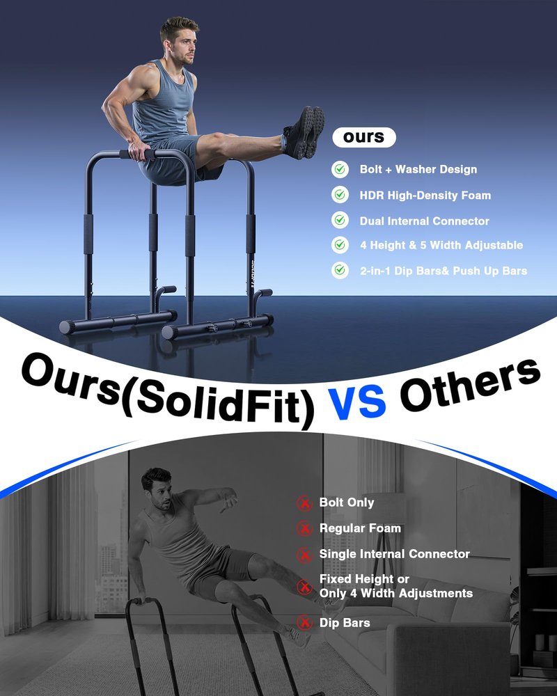 SolidFit 2-in-1 Dip Bar Station - Dip Bars & Push Up Bars Calisthenics Equipment with 420LB Bolt Washer Stable Design Dual Inner Connectors Portable Adjustable for Home Gym Strength Training Black