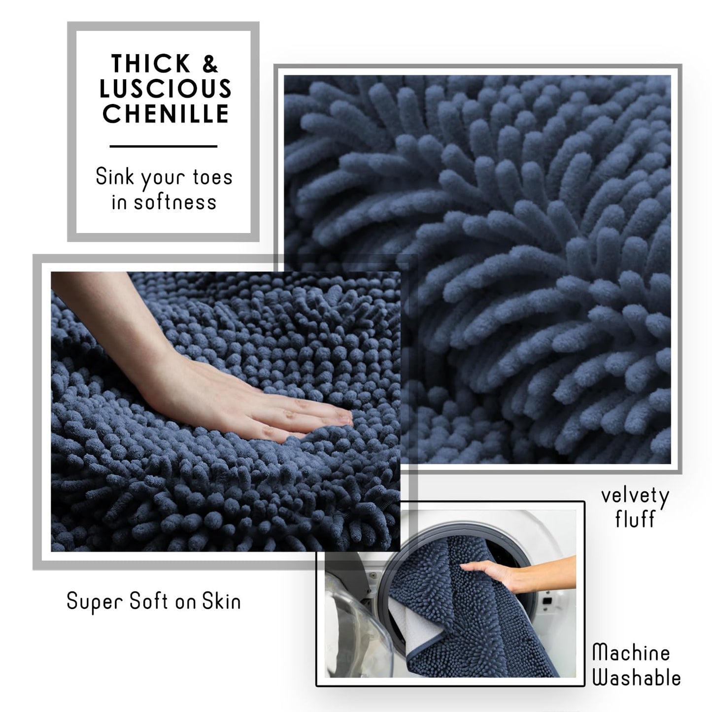 Hearth & Harbor Bathroom Rugs, Chenille Bath Mat - Machine Washable Bath Mats for Bathroom Non-Slip Backing Rubber, Quick Dry Bathroom Mat
