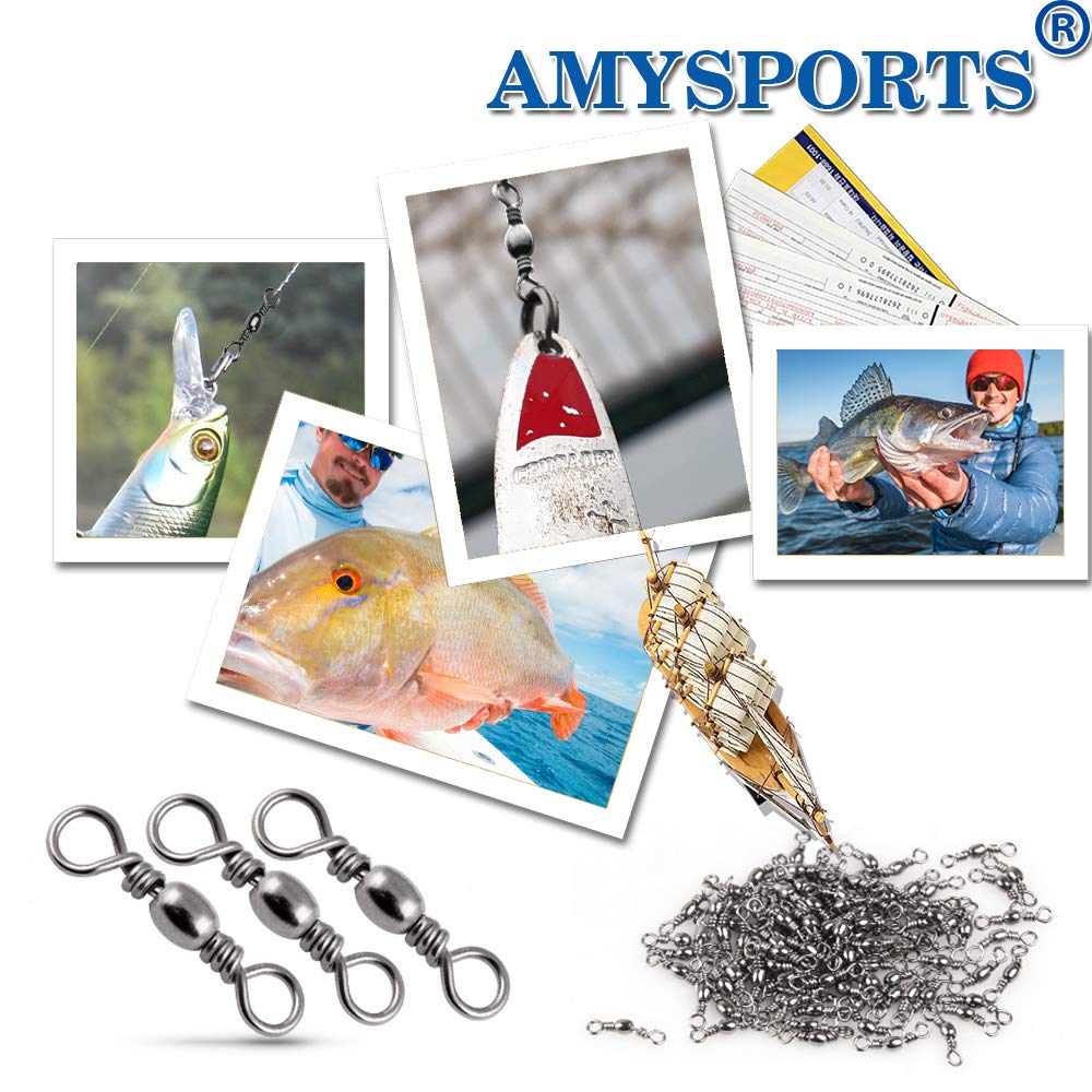 AMYSPORTS High Strength Fishing Swivels - Barrel Solid Ring & Rolling Fishing Tackle Line Connectors - Saltwater & Freshwater - Stainless Steel Accessories - 100pcs - 31lbs