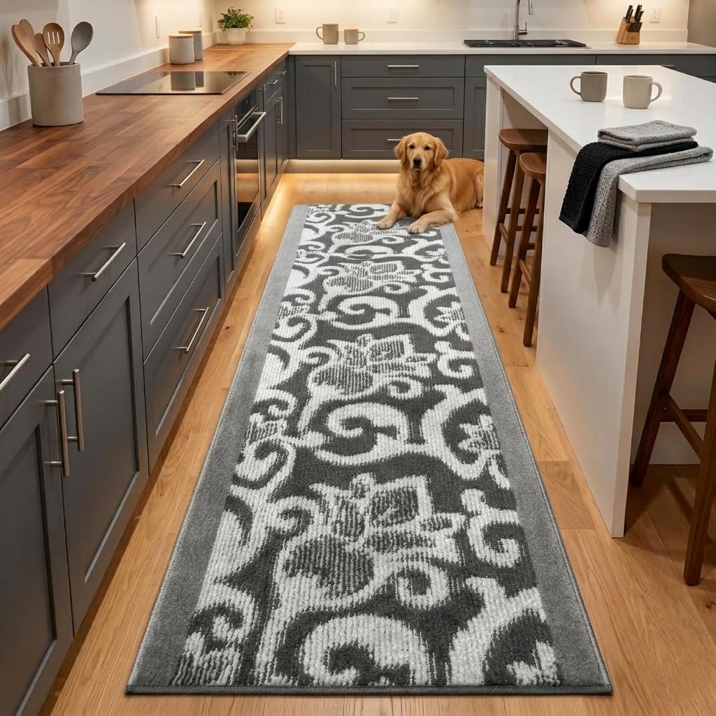 7 Ft Long Non-Slip Washable Carpet Runner Rug with Rubber Backing, Custom Floor Mat for Kitchen Hallway Stairs Bedroom Bathroom Entryway, Your Choice of Length, Lily Anthracite (26" X 7')