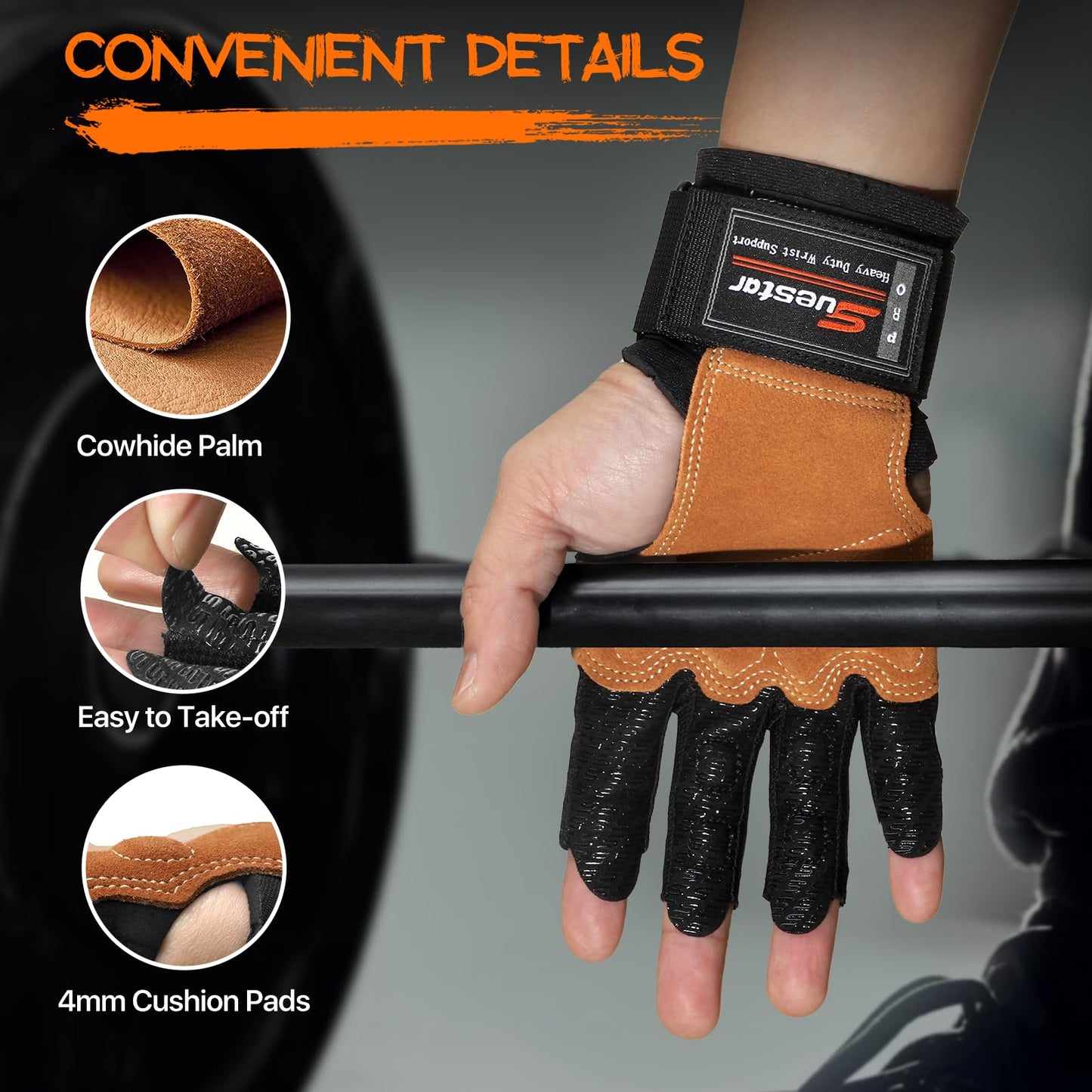 SueStar Workout Gloves, Heavy Duty Cowhide Padded Weight Lifting Gloves with Wrist Support, Full Palm Protection & Silicone Grips, Ideal for Weightlifting, Deadlifts, Exercise (Large), Black
