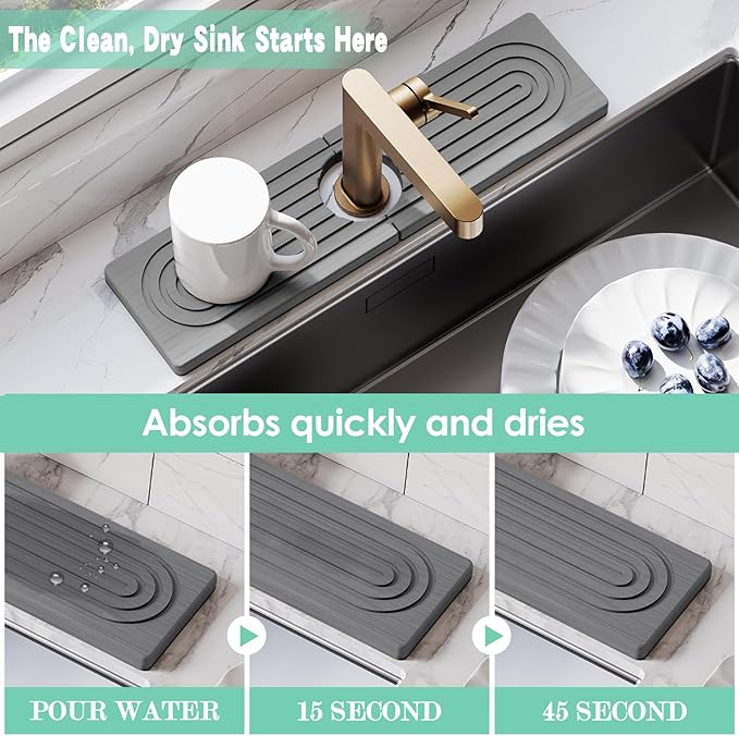 15.7'' Long Stone Faucet Mat for Kitchen Sink-Diatomite Quick Dry Kitchen Sink