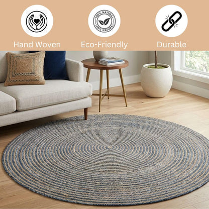 WeWove Hand Woven Area Rug 6 Feet Round - Jute Denim Area Rug Rustic Farmhouse Boho Accent Rug for Living Room Bedroom Kitchen Dorm Entryway Hallway - Handcrafted Floor Rug
