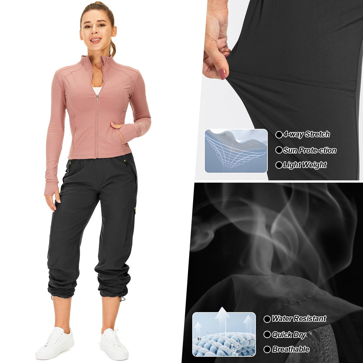 Womens Hiking Pants Sun Protection Quick Dry UPF 50 Lightweight Travel Golf Cargo Safari Pants Zipper Pockets,6608,Black,Tall XX-L