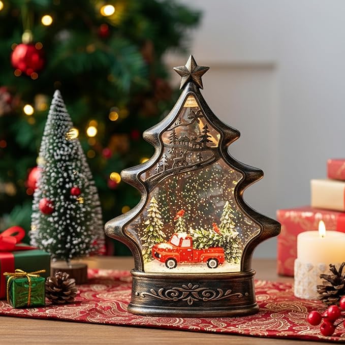 Christmas Snow Globe Lantern Water Glittering Christmas Tree with Red Truck, USB Lined/Battery Operated Lighted Lantern for Christmas Festival Decoration Gifts
